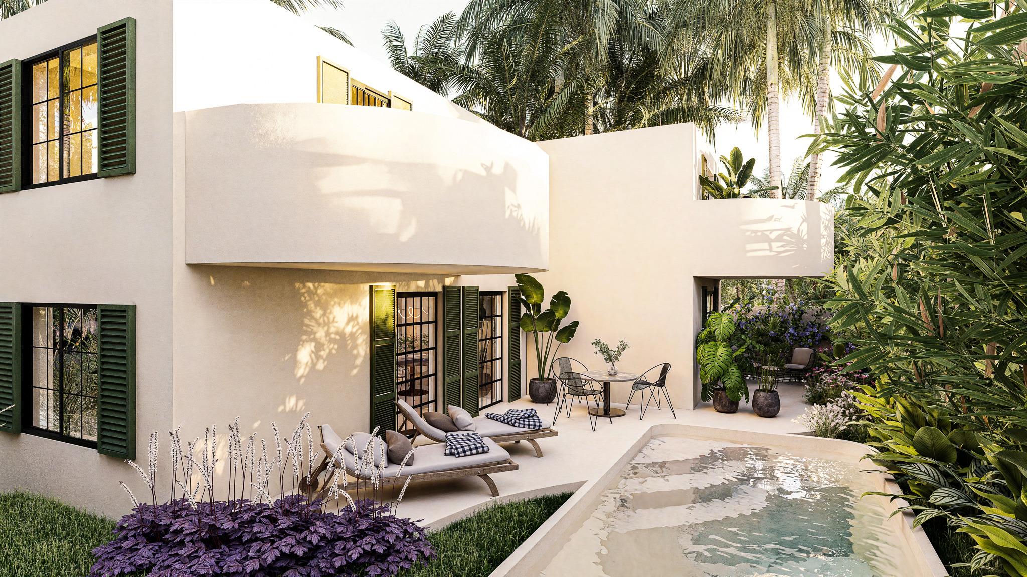 landscape render of Villa Lilja, a tropical garden and pool designed with Scandinavian principles
